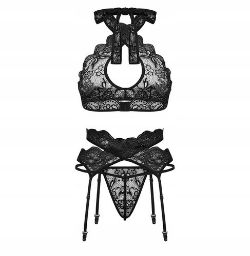 SEXY CZARNY KOMPLET STANIK PAS STRINGI POŃCZOCHY na Arena.pl