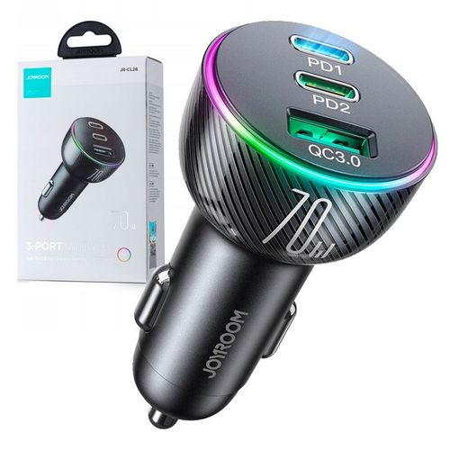 JOYROOM SZYBKA ŁADOWARKA SAMOCHODOWA 70W 1xUSB, 2xUSB C PODŚWIETLANA na Arena.pl
