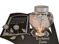 ŻONA ŻONIE SOLARNY ZNICZ LAMPION NA GRÓB SERCE SZKŁO SREBRO SKOS SENTENCJA