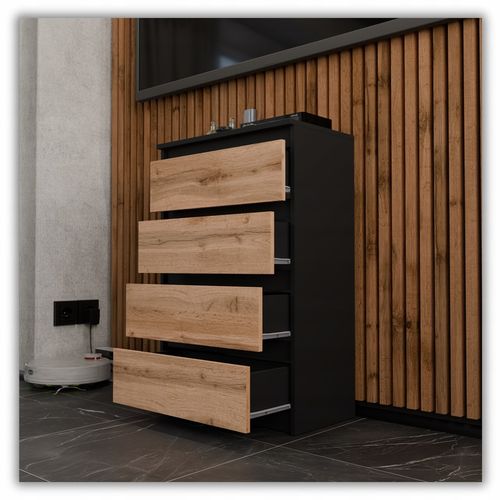 KOMODA Z SZUFLADAMI CZARNA DĄB WOTAN 60CM NOWOCZESN POJEMNA SZAFKA RTV na Arena.pl