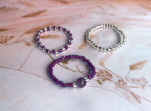 AMETYST PIERŚCIONKI Z KORALIKÓW ZESTAW 3 SZTUKI KORALIKI SREBRNE na Arena.pl