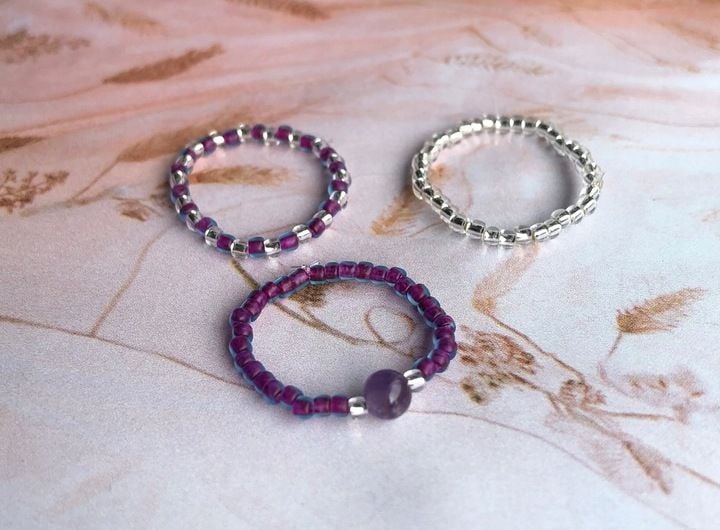 AMETYST PIERŚCIONKI Z KORALIKÓW ZESTAW 3 SZTUKI KORALIKI SREBRNE zdjęcie 10