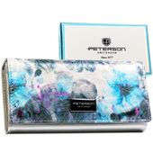 wielokolorowy portfel damski w orientacji poziomej zamykany na zatrzask