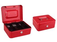 KASETKA CZERWONA METALOWA KLUCZ WKŁADKA ŚREDNIA PIENIĄDZE DOKUMENTY