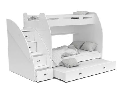 Łóżko piętrowe ZUZIA3 + materace + szuflada + schodki - białe