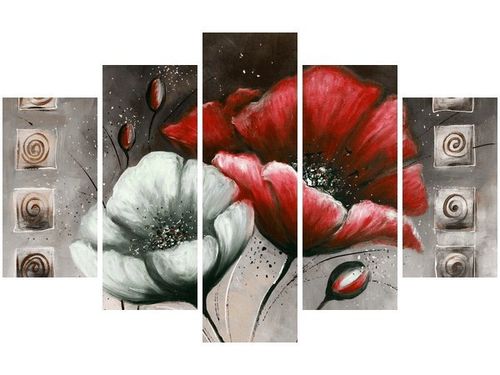 70 100CM OBRAZ 5 ELEM MALOWANE MAKI CZERWIENI BRĄZIE DRUK PŁÓTNO na Arena.pl