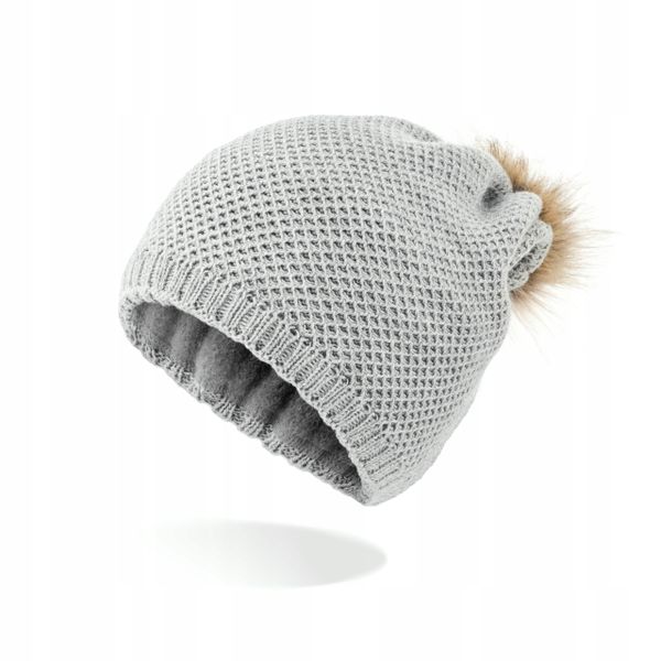 CZAPKA ZIMOWA DAMSKA SZARA Z POMPONEM D1 zdjęcie 1