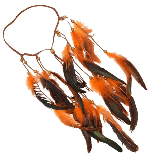 Opaska na włosy na rzemyku boho sztuczne pióra pomarańczowe na Arena.pl