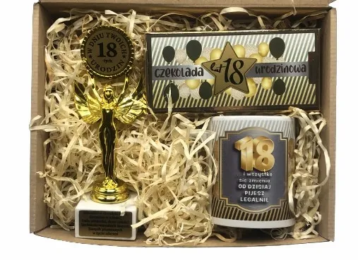Prezent Na Urodziny 18-99 Zestaw Kosz Prezentowy Statuetka Kubek Czekolada zdjęcie 4