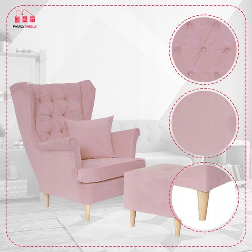 Fotel uszak Gaja z podnóżkiem skandynawski Family Meble z pufką różowy na Arena.pl