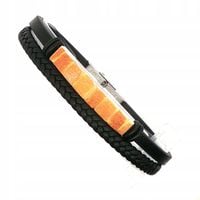 Bransoletka skórzana z bursztynem czarna stal warkocz bursztyn surowy