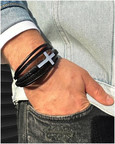 Bransoletka MĘSKA skórzana SREBRNA krzyż KRZYŻYK stal 316L grawer GRATIS! na Arena.pl