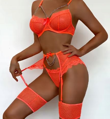 Piękny KOMPLET Bielizny Damskiej STANIK STRINGI Podwiązki POMARAŃCZ L na Arena.pl