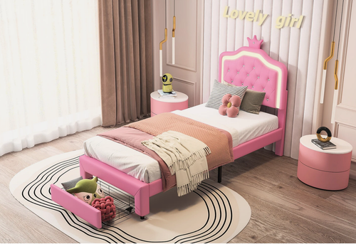 Łóżko tapicerowane dla dziecka 90x200 cm różowe z LED na Arena.pl