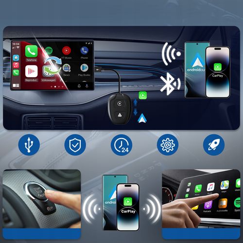 2 W 1 BEZPRZEWODOWY ANDROID AUTO i CARPLAY iPHONE ADAPTER WIFI BT na Arena.pl