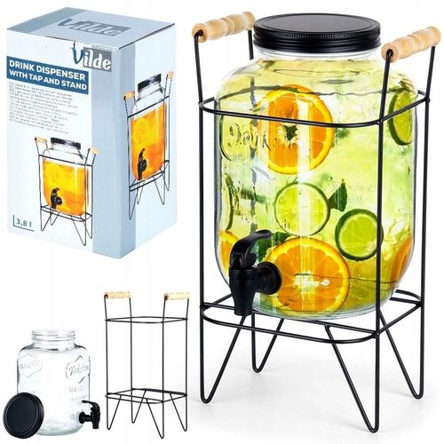 Słój Dozownik do Napojów z Kranikiem Czarnym Stojakiem Szklany VILDE 4,2 L na Arena.pl