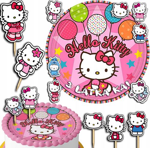 ZESTAW OPŁATEK NA TORT 20CM + TOPPERY PAPIEROWE - KITTY KOTEK 15CM 18CM na Arena.pl