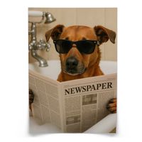 PLAKAT DO ŁAZIENKI WC PIES W OKULARACH W WANNIE Z GAZETĄ 20cm x 30cm