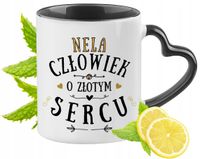 Dla Neli Kubek Czarny Z Uszkiem W Kształcie Serca Na Prezent Z Nadrukiem