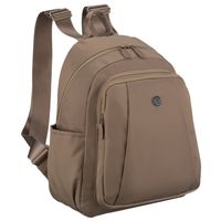 beżowy plecak damski wykonany z poliestru, zawieszony na regulowanych