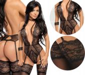 Efektowne Body z koronką Adelaide i pończochami do pasa Romance L/XL czarny