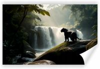 Fototapeta PREMIUM STRUKTURA ZMYWALANA jaguar w dżungli z wodospadem w tle