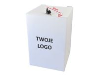 biała urna z plexi 30x30x45 z logo skarbonka puszka skrzynka na dokumenty