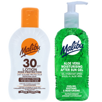 Malibu SPF30 Wodoodporny Balsam 200ml + Aloe Żel Po Opalaniu 200ml