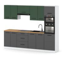 Zestaw Kuchenny Modułowy Z Blatem Słupek 2.6m Biały Butelkowa Zielen Szary