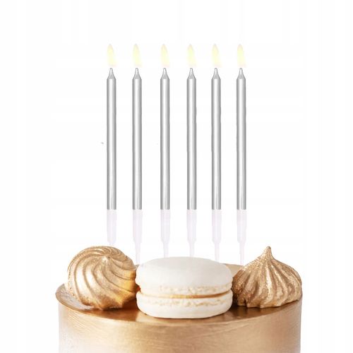 ŚWIECZKI URODZINOWE DŁUGIE 13 CM SREBRNY NA IMPREZĘ URODZINOWĄ 6 SZT na Arena.pl