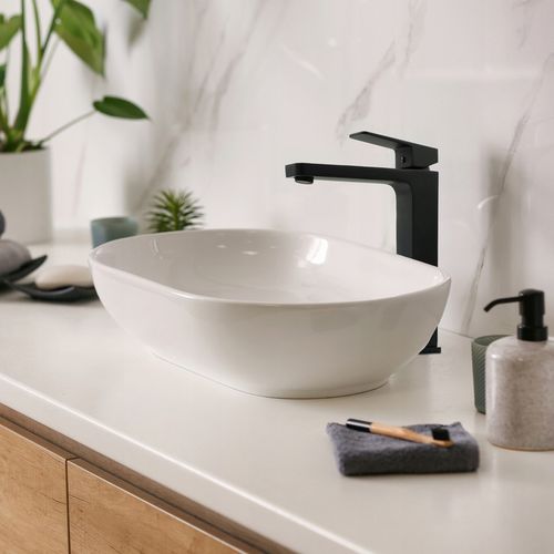 Bateria umywalkowa stojąca wysoka czarna nablatowa kran do umywalki na Arena.pl