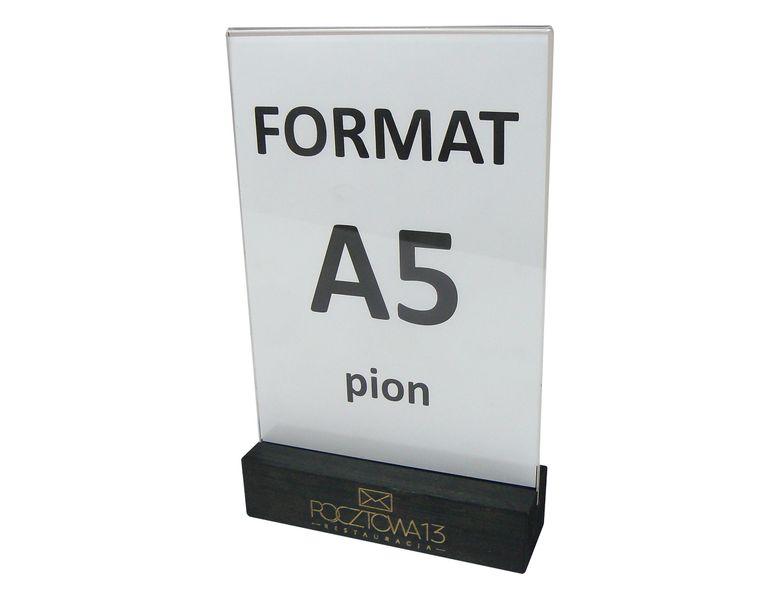 stojak na menu ulotkę plexi z drewnianą podstawką z grawerem A5 10szt zdjęcie 1