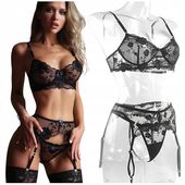 CZARNY KOMPLET BIELIZNA DAMSKA SEXY KORONKOWA STRINGI SEKSOWNY ZESTAW S