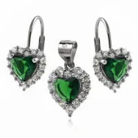 KLASYCZNY RODOWANY SREBRNY KOMPLET SERCA SERDUSZKA SZMARAGDOWE CYRKONIE