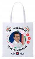 Mateusz Morawiecki Pis Torba Eco Biała Shopper Z Nadrukiem Ze Zdjęciem
