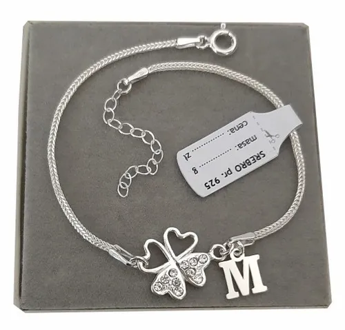 Srebrna bransoletka koniczynka na szczęście LITERKA cyrkonie PUDEŁKO SREBRO na Arena.pl