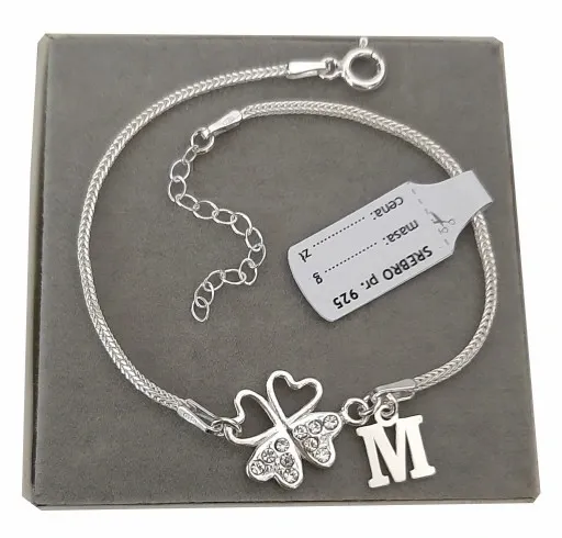 Srebrna bransoletka koniczynka na szczęście LITERKA cyrkonie PUDEŁKO SREBRO zdjęcie 1