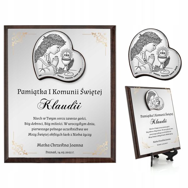 Srebrny obrazek prezent na KOMUNIĘ dla dziewczynki z NADRUKIEM zdjęcie 1