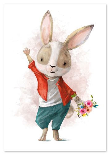 Plakat zając z bukietem kwiatów 21x29,7 cm A4 na Arena.pl