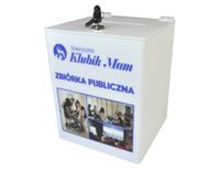 Urna skarbonka puszka z plexi mlecznej z nadrukiem UV 20x20x25cm