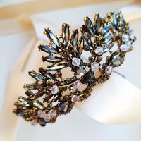 CZARNY złoty okazały DIADEM vintage styl z cyrkoniami koralikami wysoki