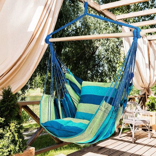 NIEBIESKI WISZĄCY OGRODOWY HAMAK HUŚTAWKA BRAZYLIJSKA KOKON + 2 poduszki na Arena.pl