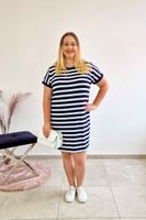 Sukienka w Paski Midi z Krótkim Rękawem w Paski Granatowo-Biała M