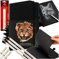 SZKICOWNIK A5 CZARNE KARTKI +WĘGOWE OŁÓWKI BIAŁE ZESTAW ARTYSTYCZNY PREZENT