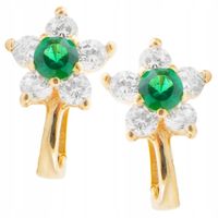 Złote kolczyki dziecięce 585 dla dziewczynki szmaragdowe kwiaty na prezent