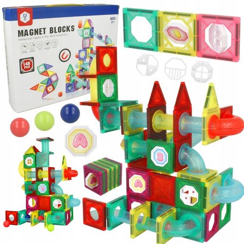 DUŻE KLOCKI MAGNETYCZNE Konstrukcyjne 3D Tor Kulkowy Zjeżdżalnia 148 sztuk na Arena.pl