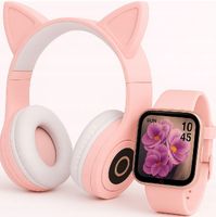RÓZOWY SMARTWATCH + SŁUCHAWKI KOCIE USZKA LED - ZESTAW DLA DZIEWCZYNKI