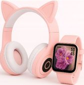 RÓZOWY SMARTWATCH + SŁUCHAWKI KOCIE USZKA LED - ZESTAW DLA DZIEWCZYNKI