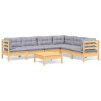 7-cz. zestaw wypoczynkowy do ogrodu, szare poduszki, sosnowy