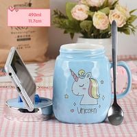 Kubek Ceramiczny Z Pokrywką i Łyżeczką - Idealny Do Szkoły - Biura - 500 ML Niebieski Jednorożec 500ml